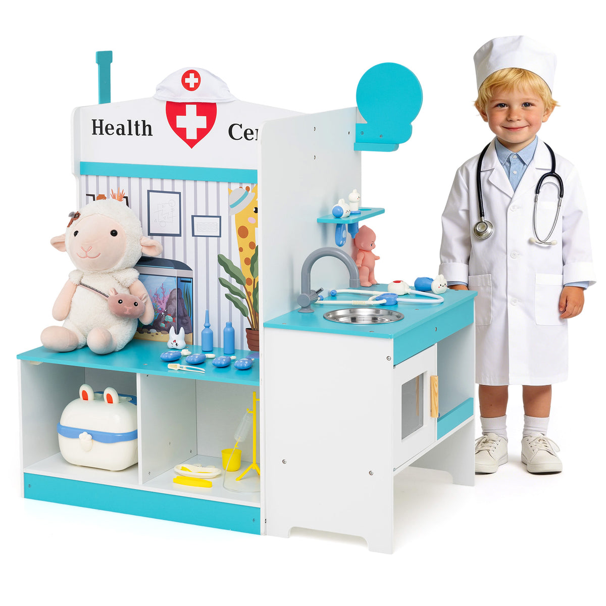 Wooden Toy Medical Center Playset with Faucet and ECG Monitor for Aged 3-6-Blue