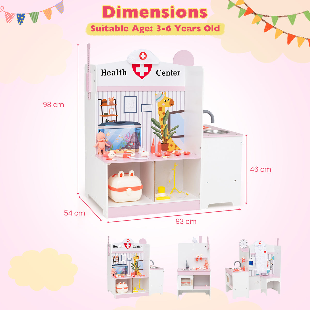Wooden Toy Medical Center Playset with Faucet and ECG Monitor for Aged 3-6-Pink