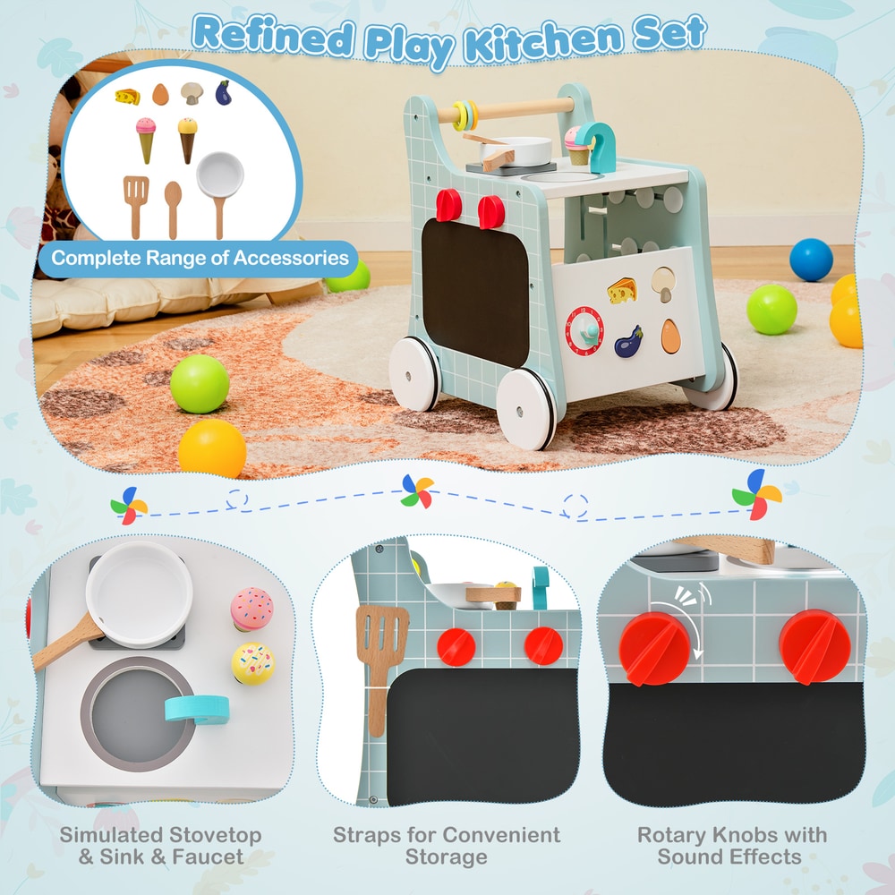 Close up of the blue wooden baby stroller push and pull learning activity center kitchen features