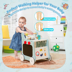Correct walking posture for babies using the blue wooden baby stroller push and pull learning activity center