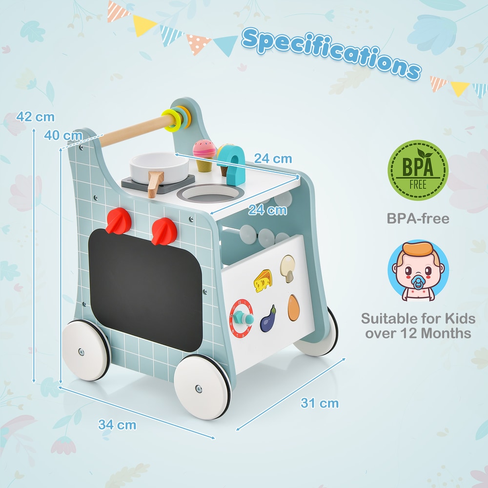 Dimensions of the blue wooden baby stroller push and pull learning activity center