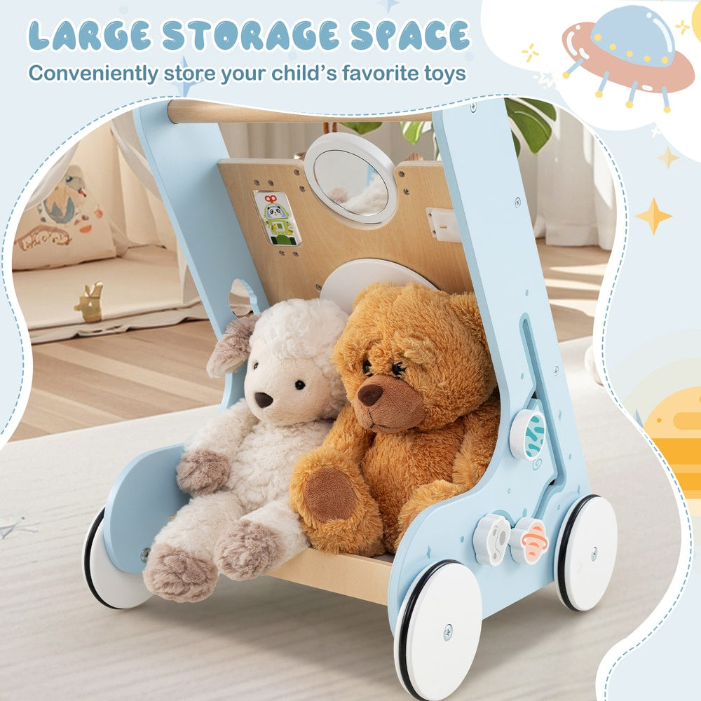 The blue baby walker with storage space filled with toys