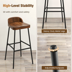 Wooden Bar Stool set of 2 with Chic Low Back and Metal Legs-Brown