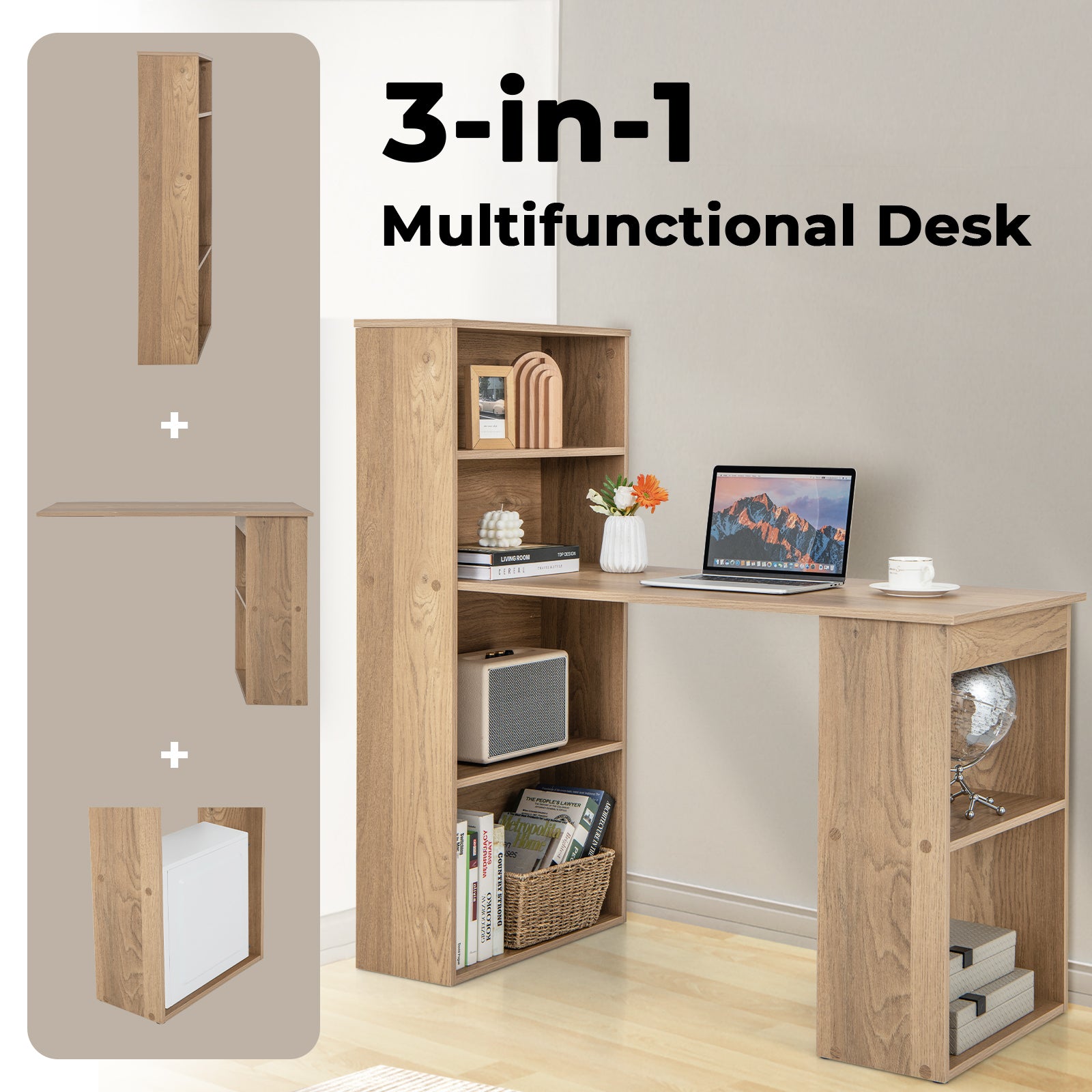 Modern 3-in-1 Wooden Computer Desk with 6-Tier Storage Bookshelves-Natural