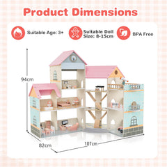 Wooden Corner Dollhouse Playset Pink Roof Doll House-Pink