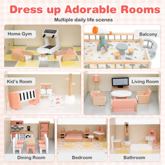Wooden Corner Dollhouse Playset Pink Roof Doll House-Pink