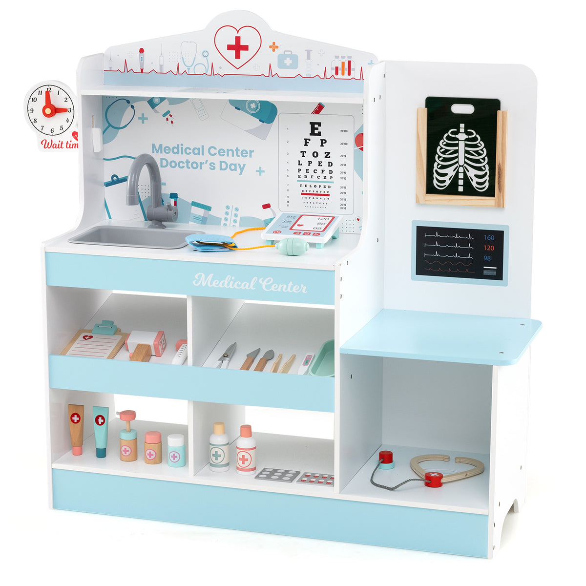 Wooden Doctor Play Set Kids Medical Center with Storage for Boys and Girls 3+ Years Old-Blue