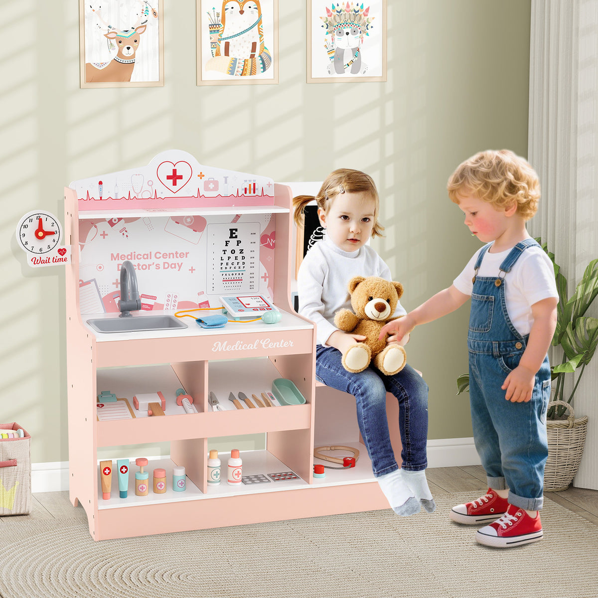 Wooden Doctor Play Set Kids Medical Center with Storage for Boys and Girls 3+ Years Old-Pink