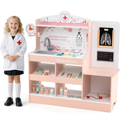 Wooden Doctor Play Set Kids Medical Center with Storage for Boys and Girls 3+ Years Old-Pink