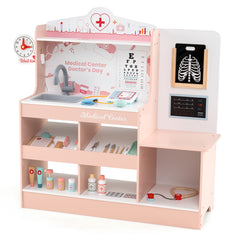 Wooden Doctor Play Set Kids Medical Center with Storage for Boys and Girls 3+ Years Old-Pink