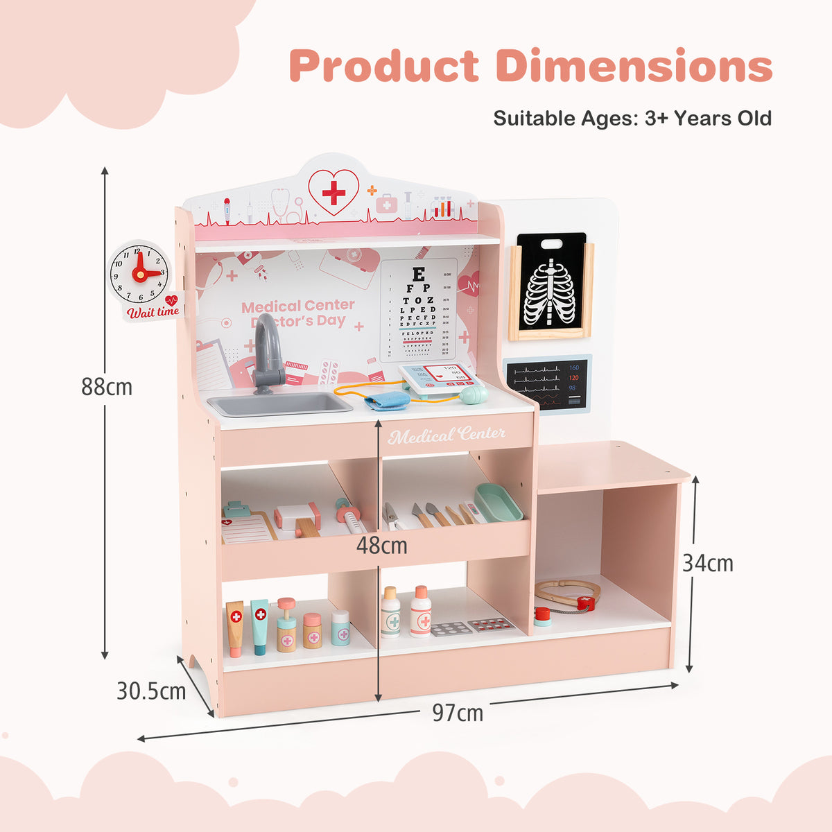 Wooden Doctor Play Set Kids Medical Center with Storage for Boys and Girls 3+ Years Old-Pink