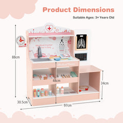 Wooden Doctor Play Set Kids Medical Center with Storage for Boys and Girls 3+ Years Old-Pink