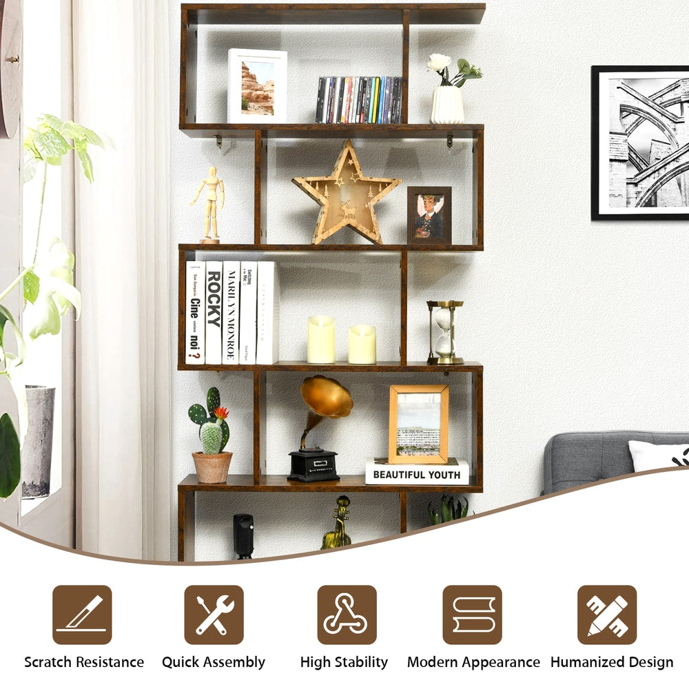The wooden bookcase with icons below describing its design and assembly features