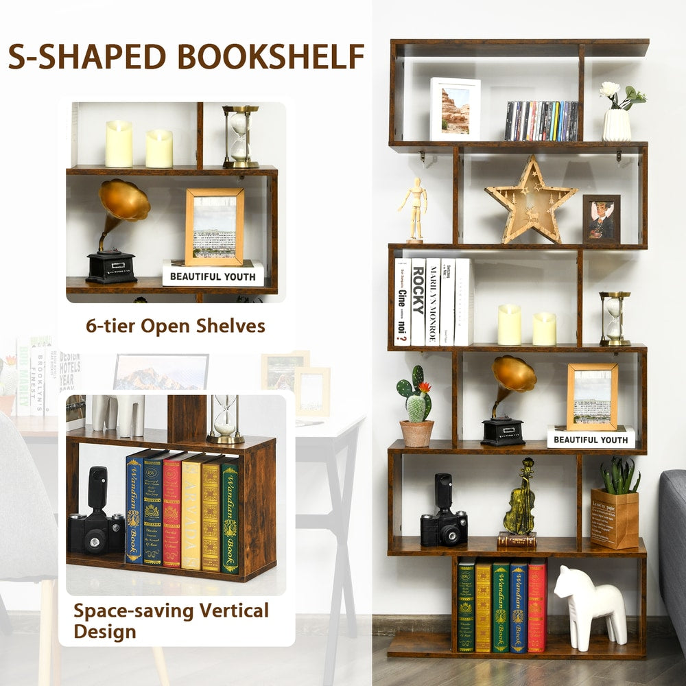 The wooden bookcase with two inset close-up views of the open shelving layout
