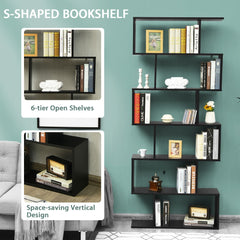The black S-shaped bookcase is shown with text highlighting its space-saving vertical design
