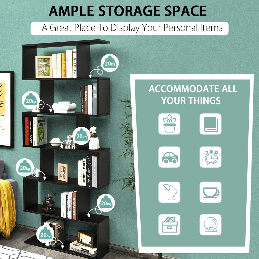 The black industrial bookcase featuring icons of items that can be stored on the shelves