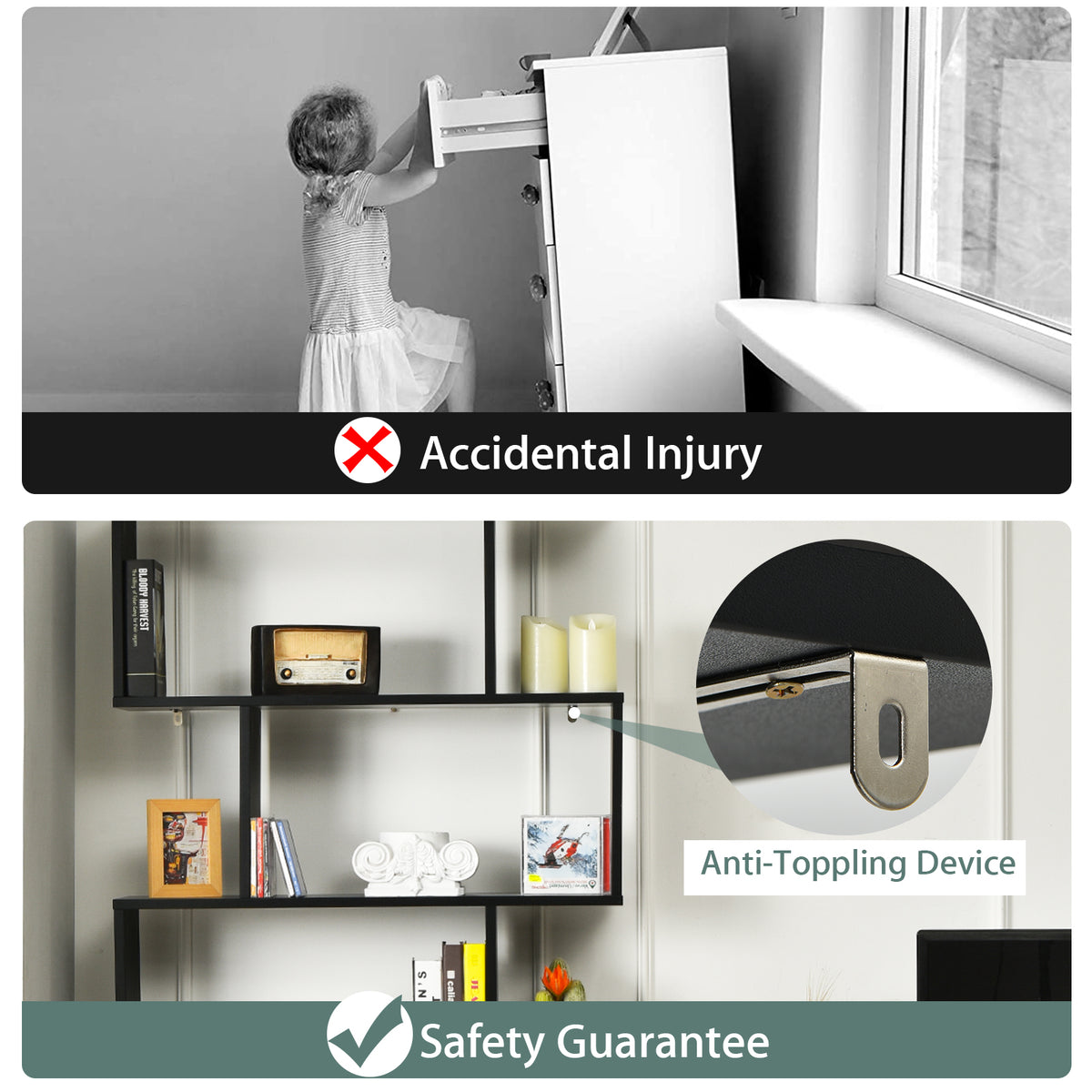Close up of the metal bracket used to secure the black industrial bookcase to a wall