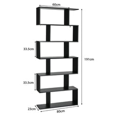 A diagram showing the dimensions of the black S-shaped bookcase