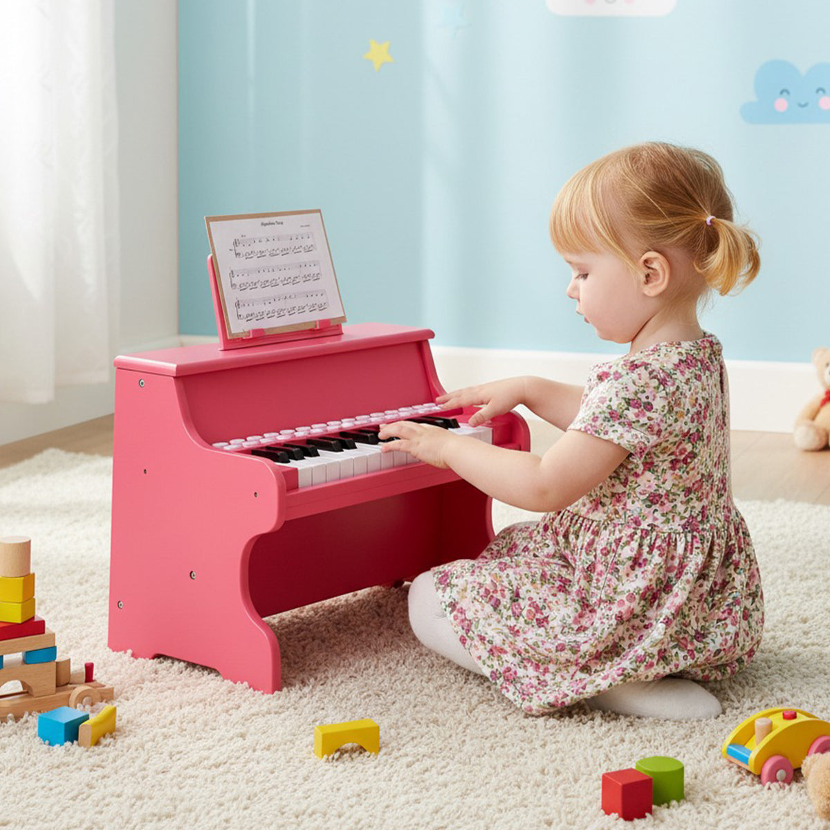 Wooden Kids Piano Keyboard 25 Keys Digital Piano with Music Stand Music Learning Gift for 3+ Kids-Pink