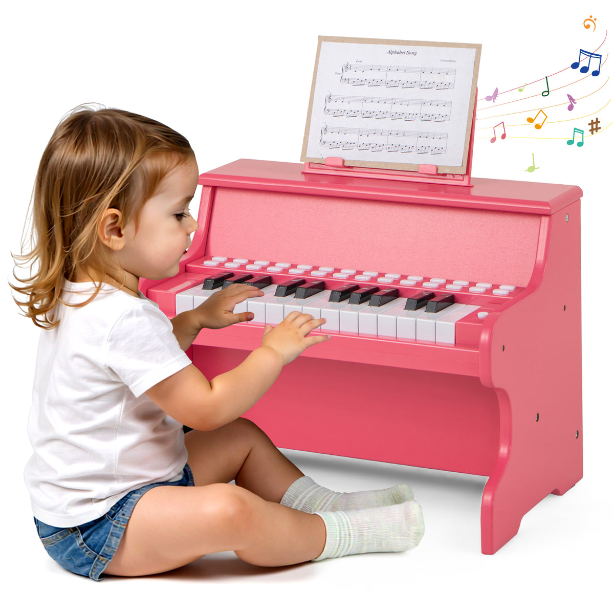Wooden Kids Piano Keyboard 25 Keys Digital Piano with Music Stand Music Learning Gift for 3+ Kids-Pink