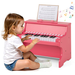 Wooden Kids Piano Keyboard 25 Keys Digital Piano with Music Stand Music Learning Gift for 3+ Kids-Pink