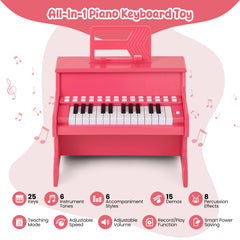 Wooden Kids Piano Keyboard 25 Keys Digital Piano with Music Stand Music Learning Gift for 3+ Kids-Pink