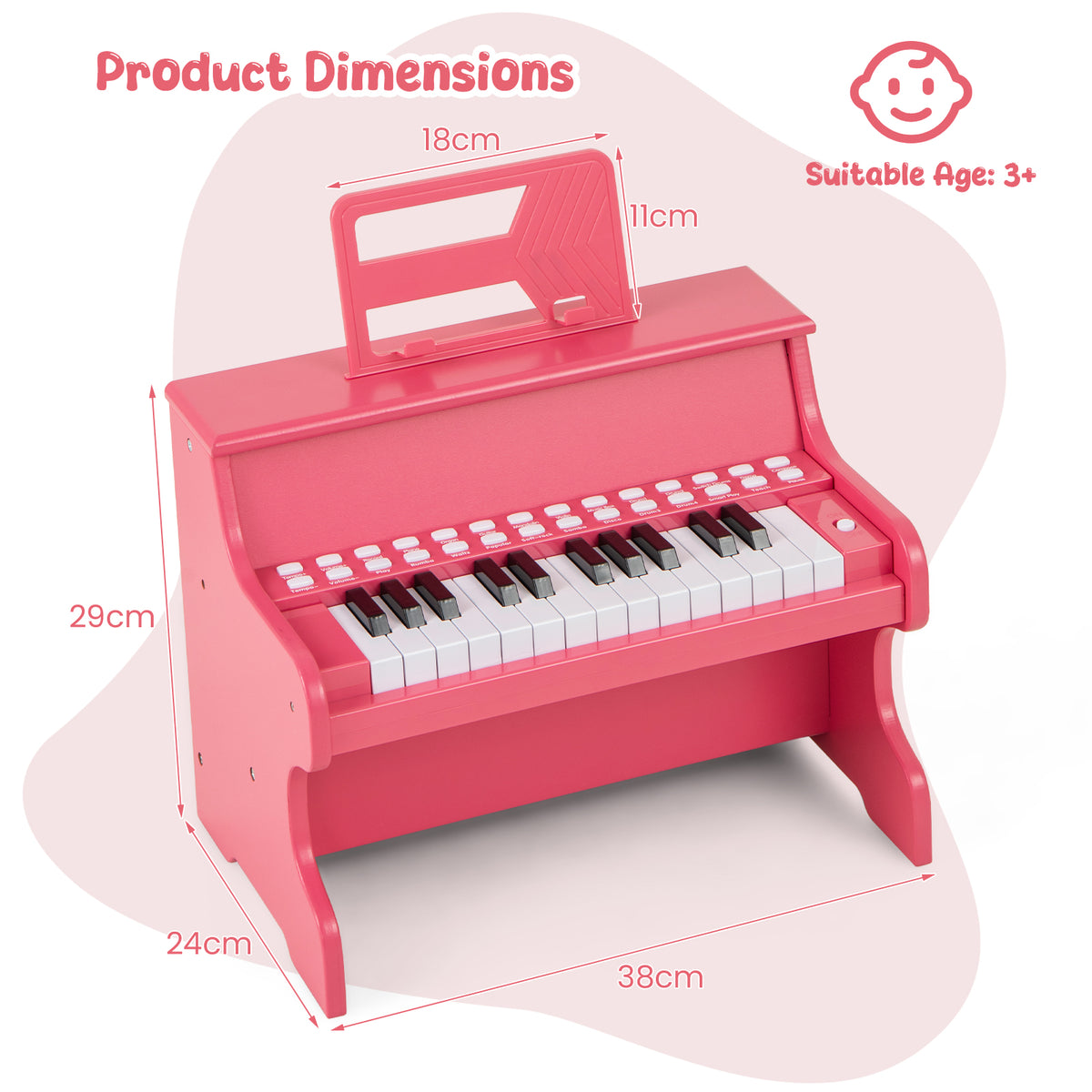 Wooden Kids Piano Keyboard 25 Keys Digital Piano with Music Stand Music Learning Gift for 3+ Kids-Pink