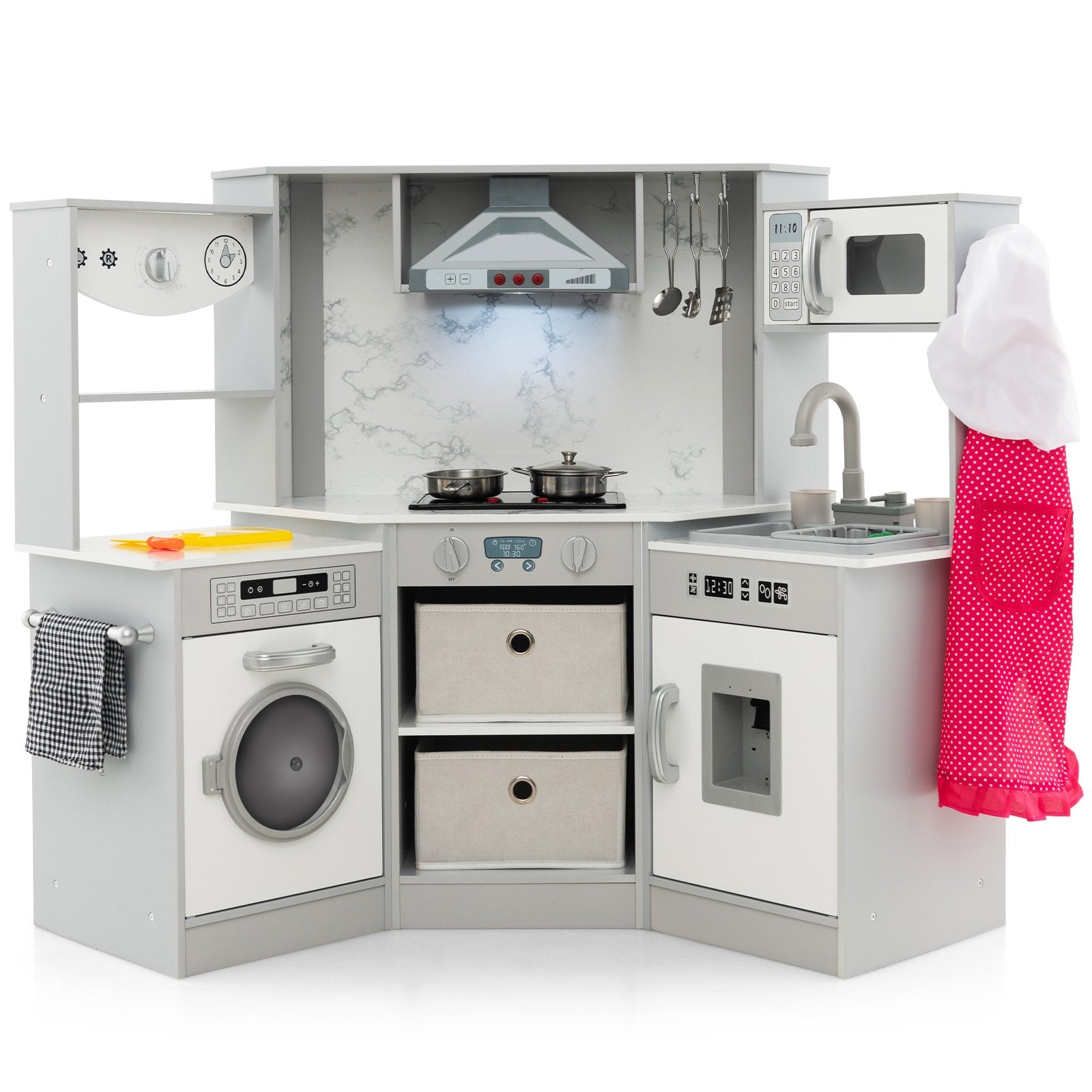 Wooden Kids Play Kitchen Corner with Lights and Water Circulation System-Grey