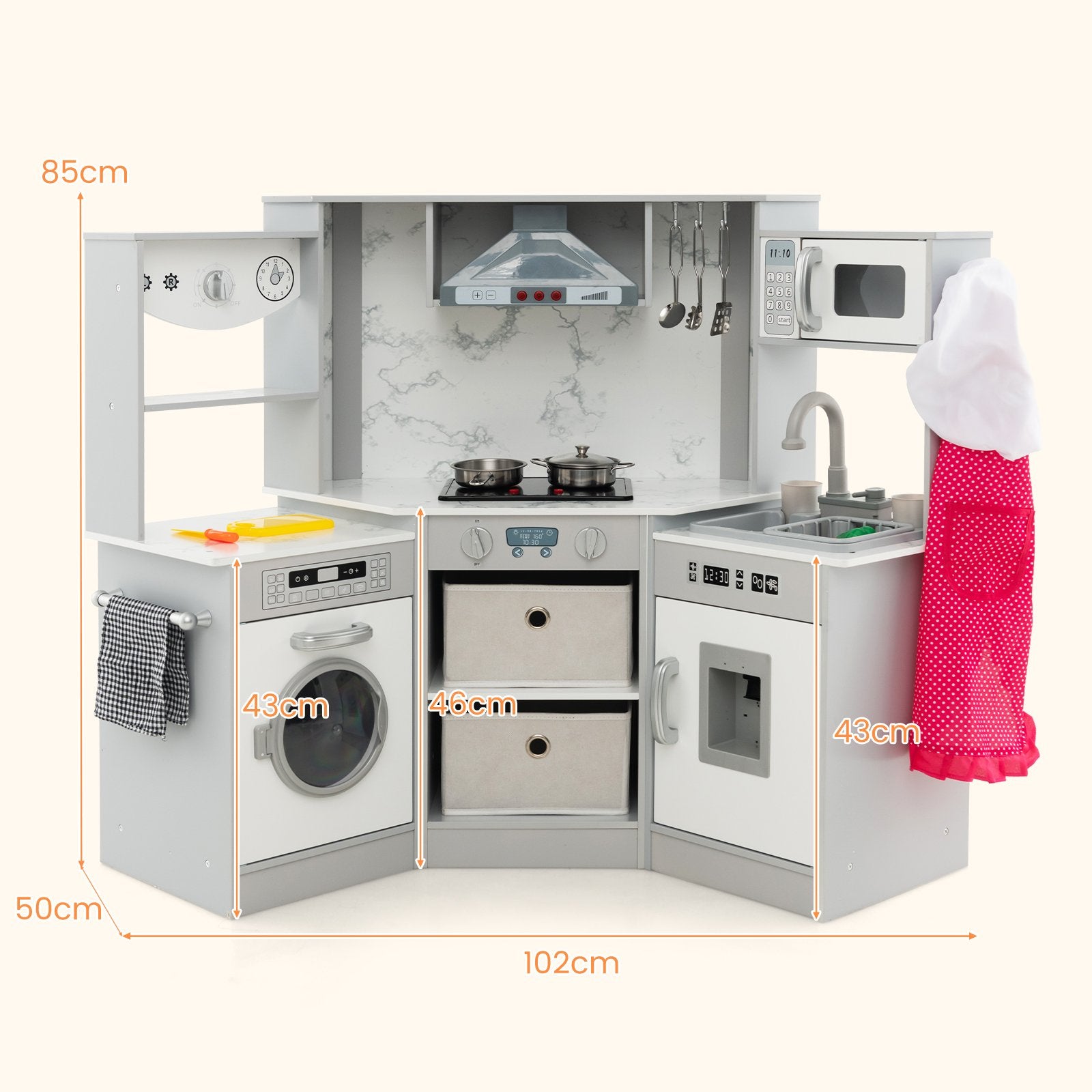 Wooden Kids Play Kitchen Corner with Lights and Water Circulation System-Grey