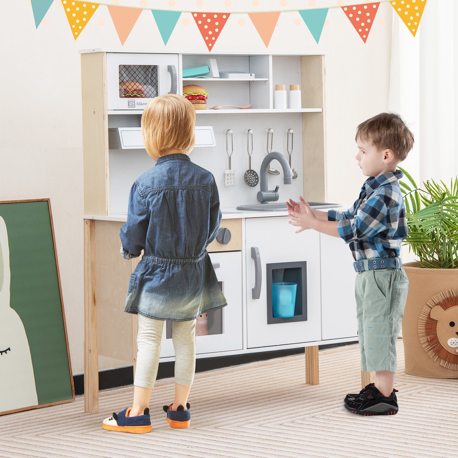 Wooden Kids Play Kitchen Set with Microwave Stoves Oven-White