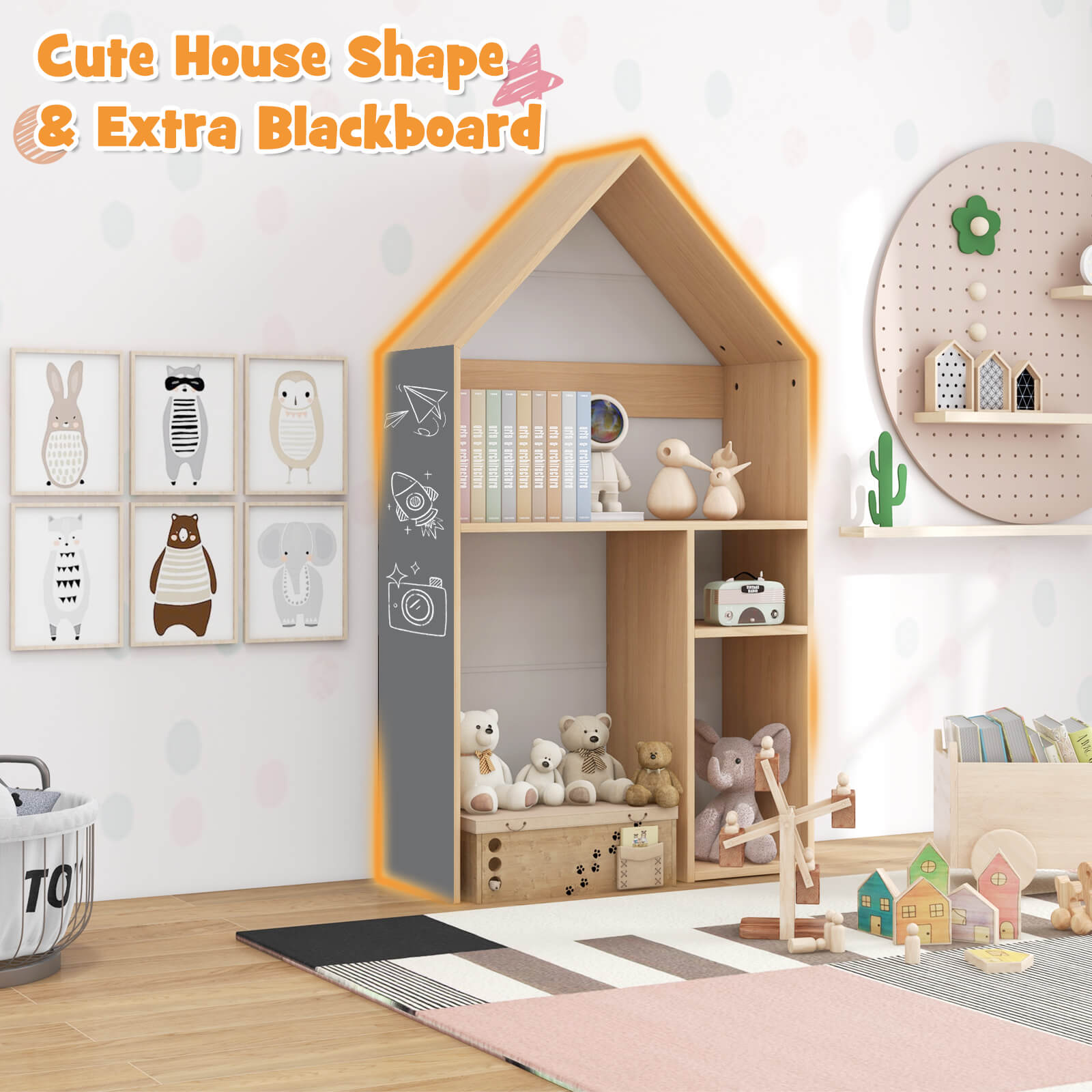 Wooden Kids Table and Chair Set House-Shaped with Blackboard-White