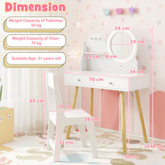 Wooden Kids Vanity Set with Lighted Mirror, Hooks and Storage Drawers-White