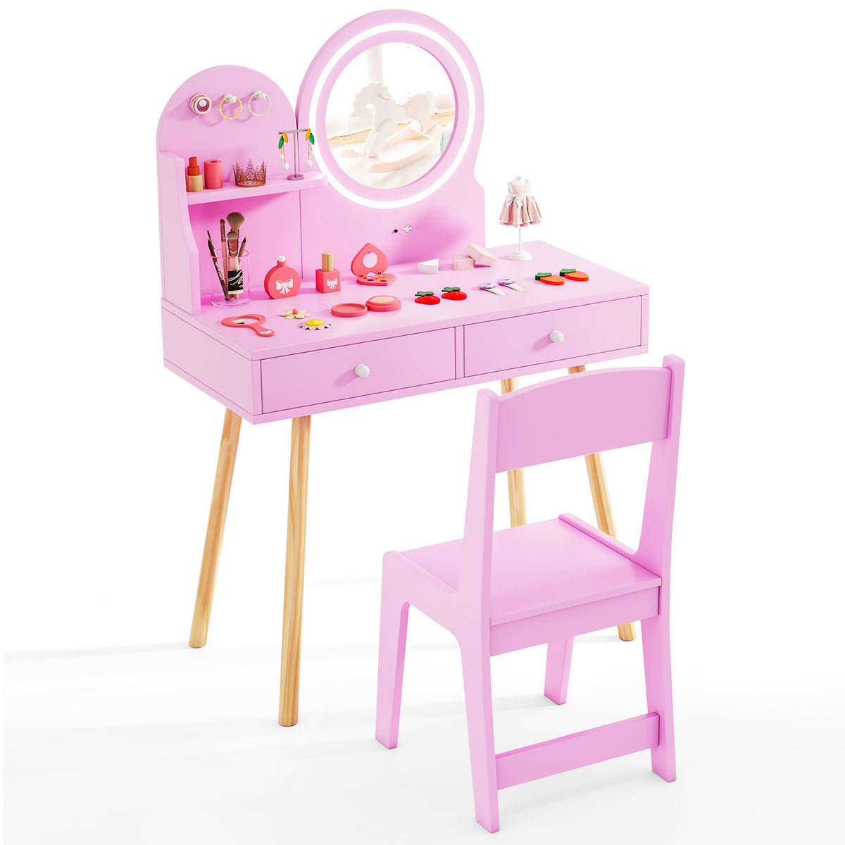 Wooden Kids Vanity Set with Lighted Mirror, Hooks and Storage Drawers-Pink