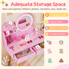 Wooden Kids Vanity Set with Lighted Mirror, Hooks and Storage Drawers-Pink