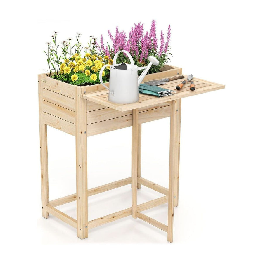 63 x 34 x 74 cm Wooden Raised Garden Bed with Legs and Foldable Side Table