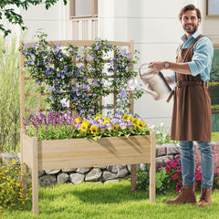 Wooden Raised Garden Bed with Lattice Trellis and Drainage Holes-Natural