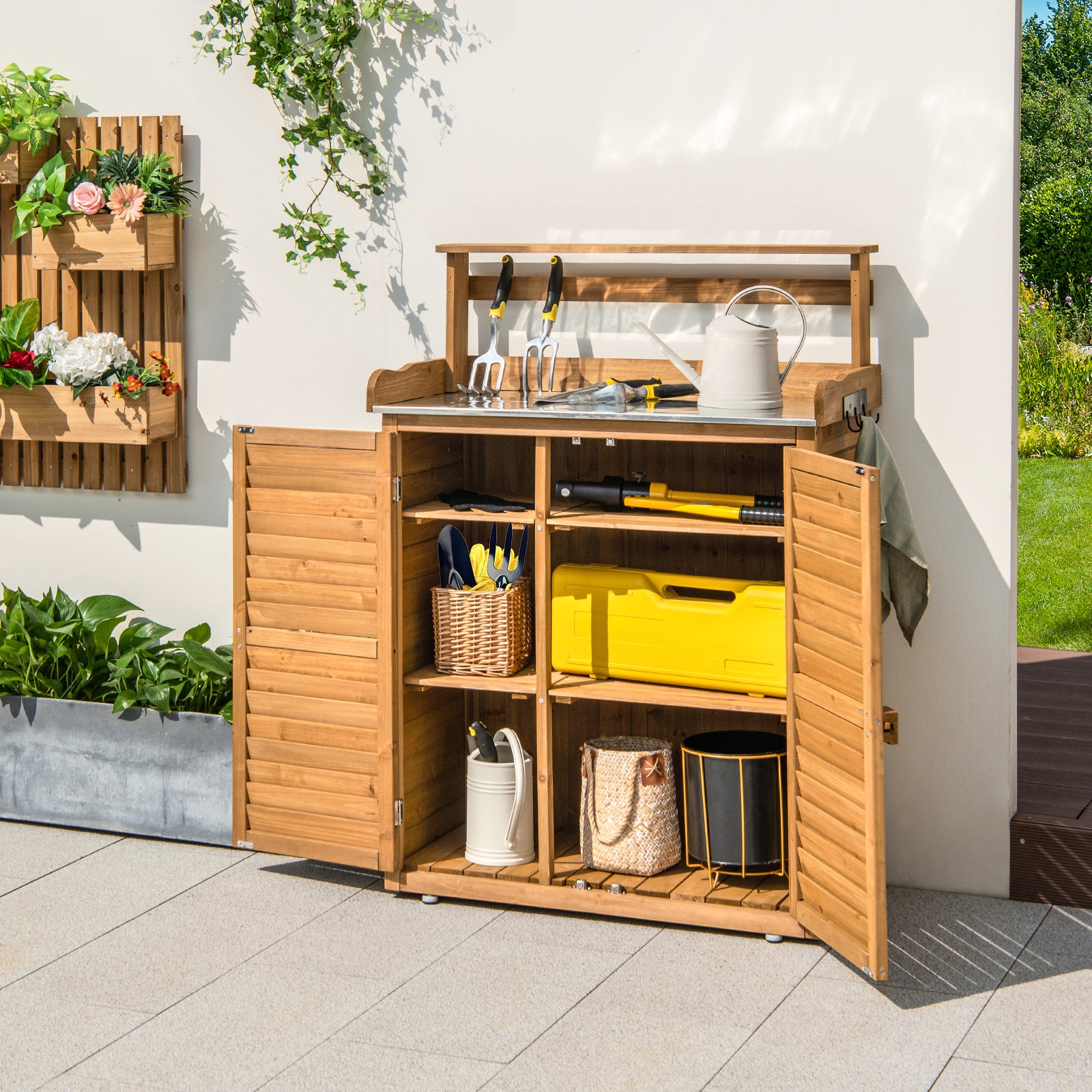 Wooden Storage Cabinet with Galvanized Metal Countertop-Natural