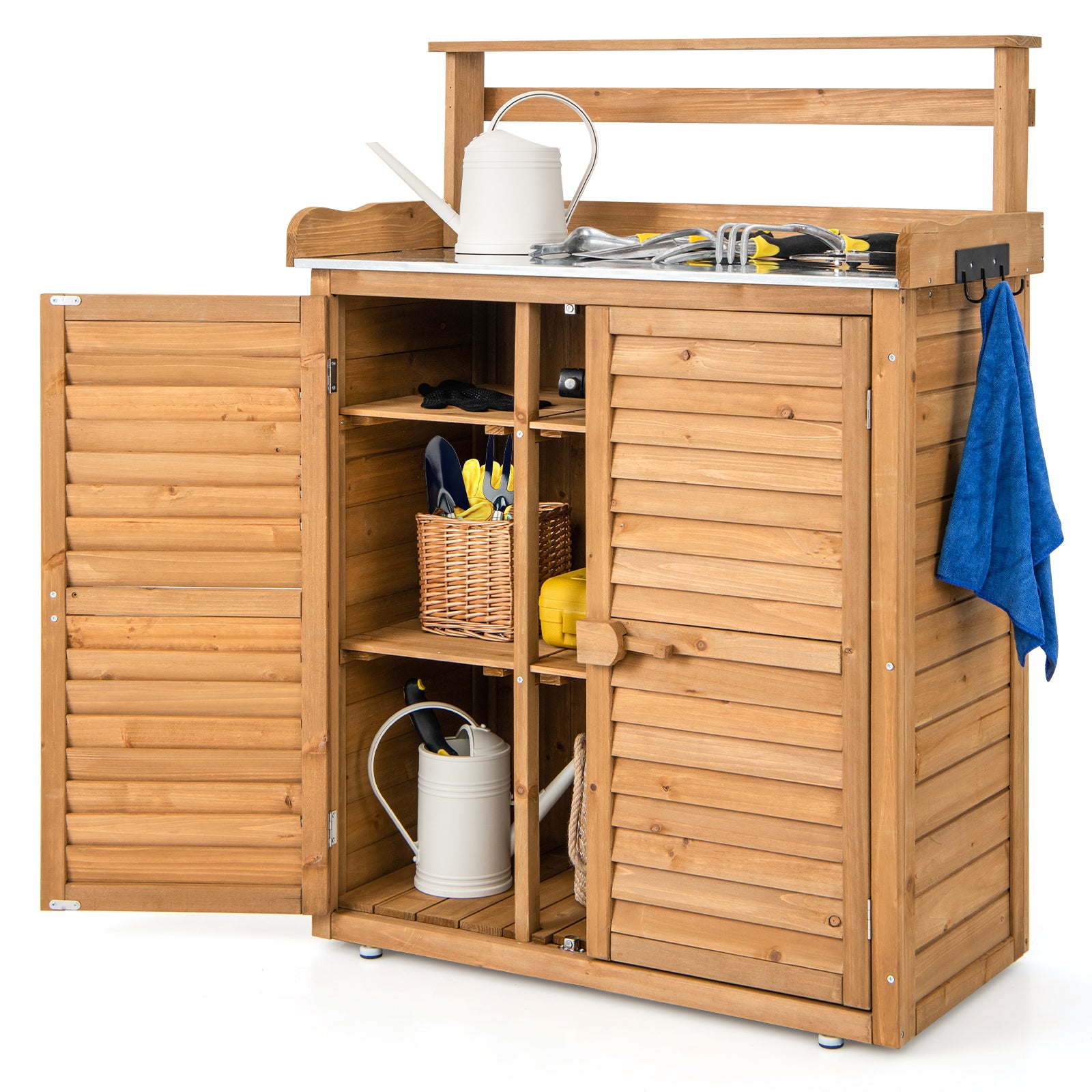 Wooden Storage Cabinet with Galvanized Metal Countertop-Natural