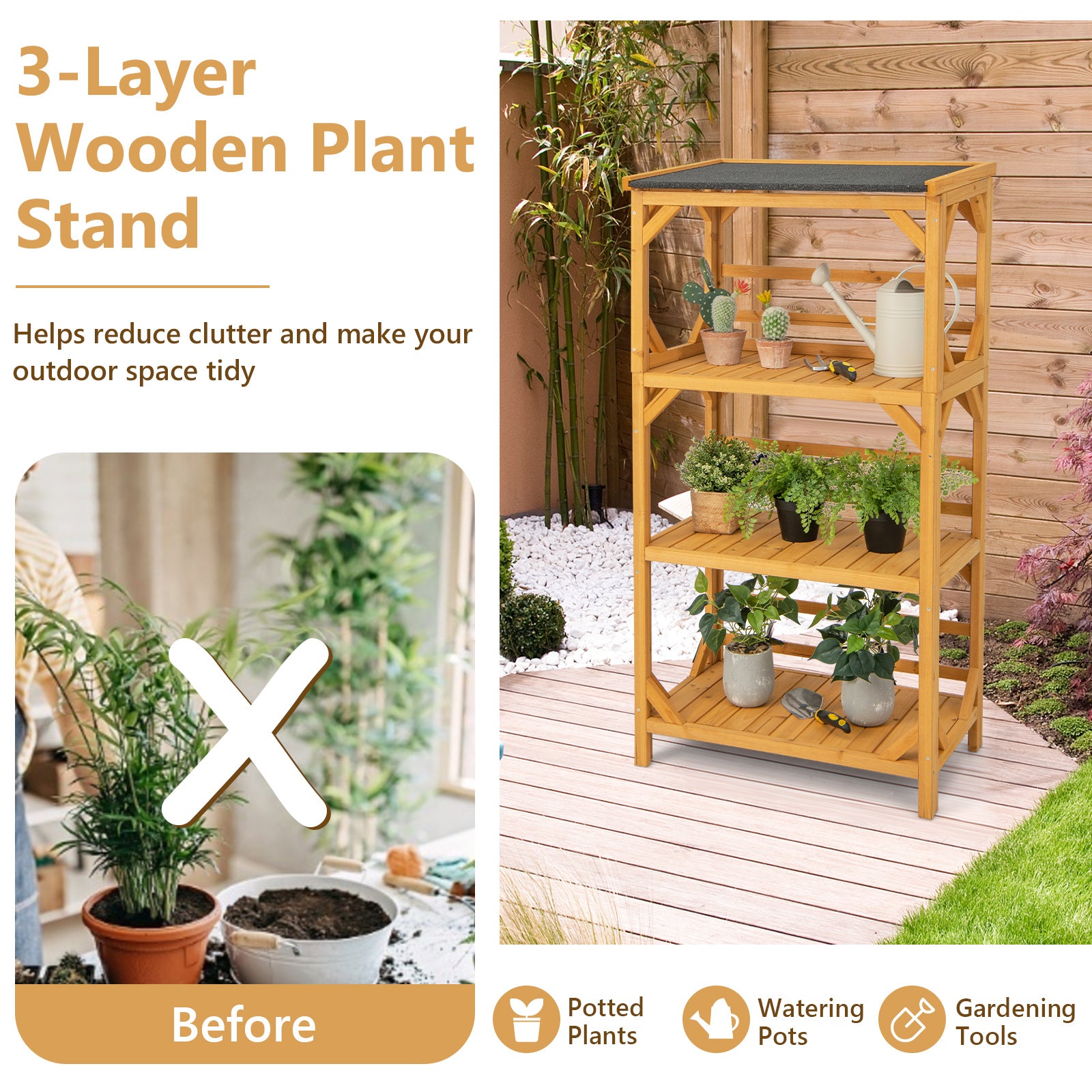137CM 3-Tier Garden Plant Stand with Weatherproof Asphalt Roof-Natrual