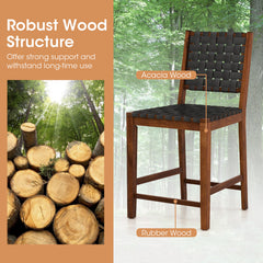 Woven Bar Stools Set of 2 with Faux PU Leather Straps-Black & Brown