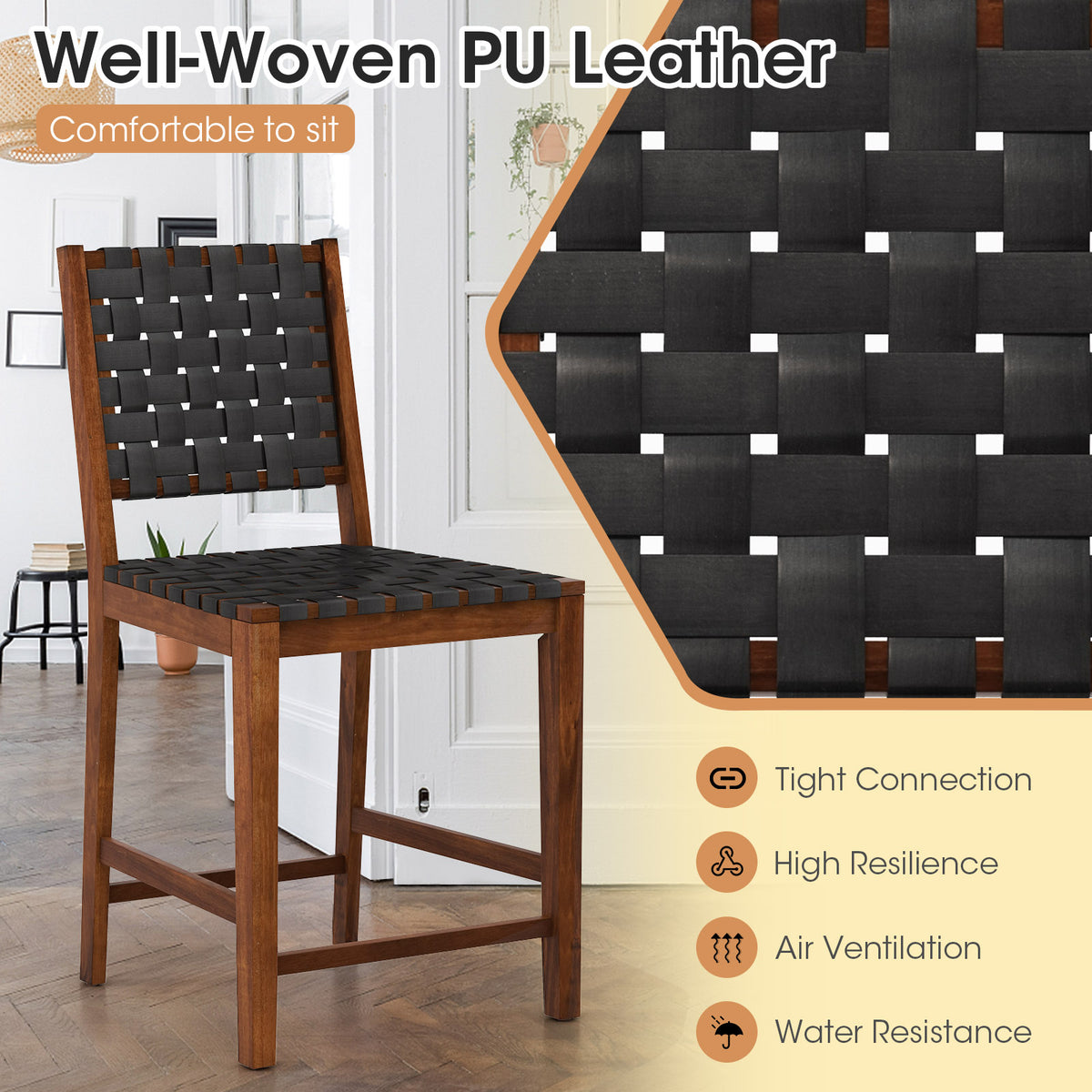 Woven Bar Stools Set of 2 with Faux PU Leather Straps-Black & Brown