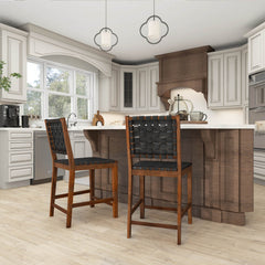 Woven Bar Stools Set of 2 with Faux PU Leather Straps-Black & Brown