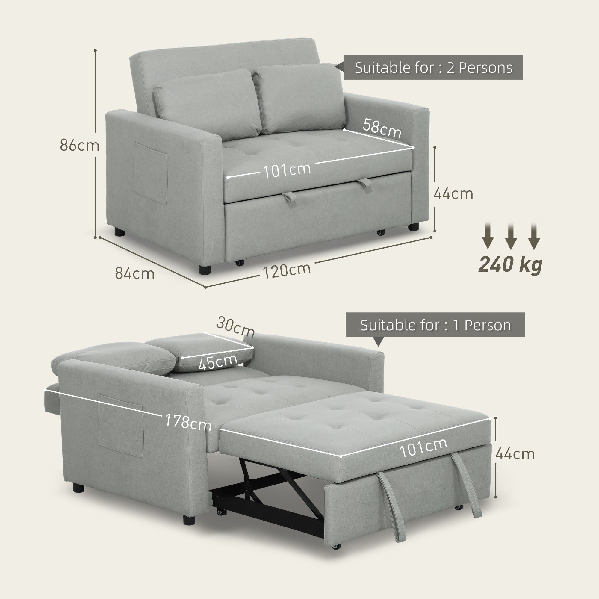 HOMCOM Loveseat Sofa Bed, Convertible Bed Settee with 2 Pillows, Side Pockets, Light Grey