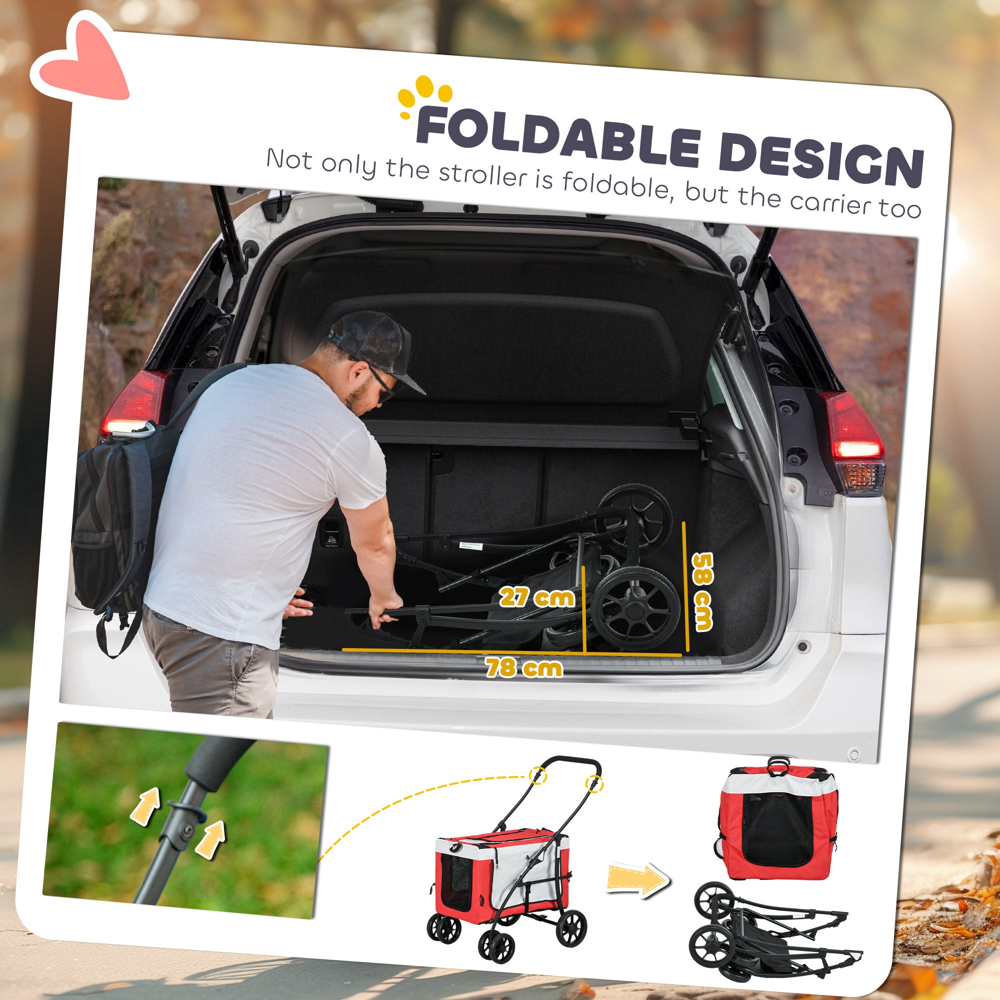 PawHut Foldable Dog Stroller, Pet Travel Crate, with Detachable Carrier, Soft Padding, for Mini, Small Dogs - Red