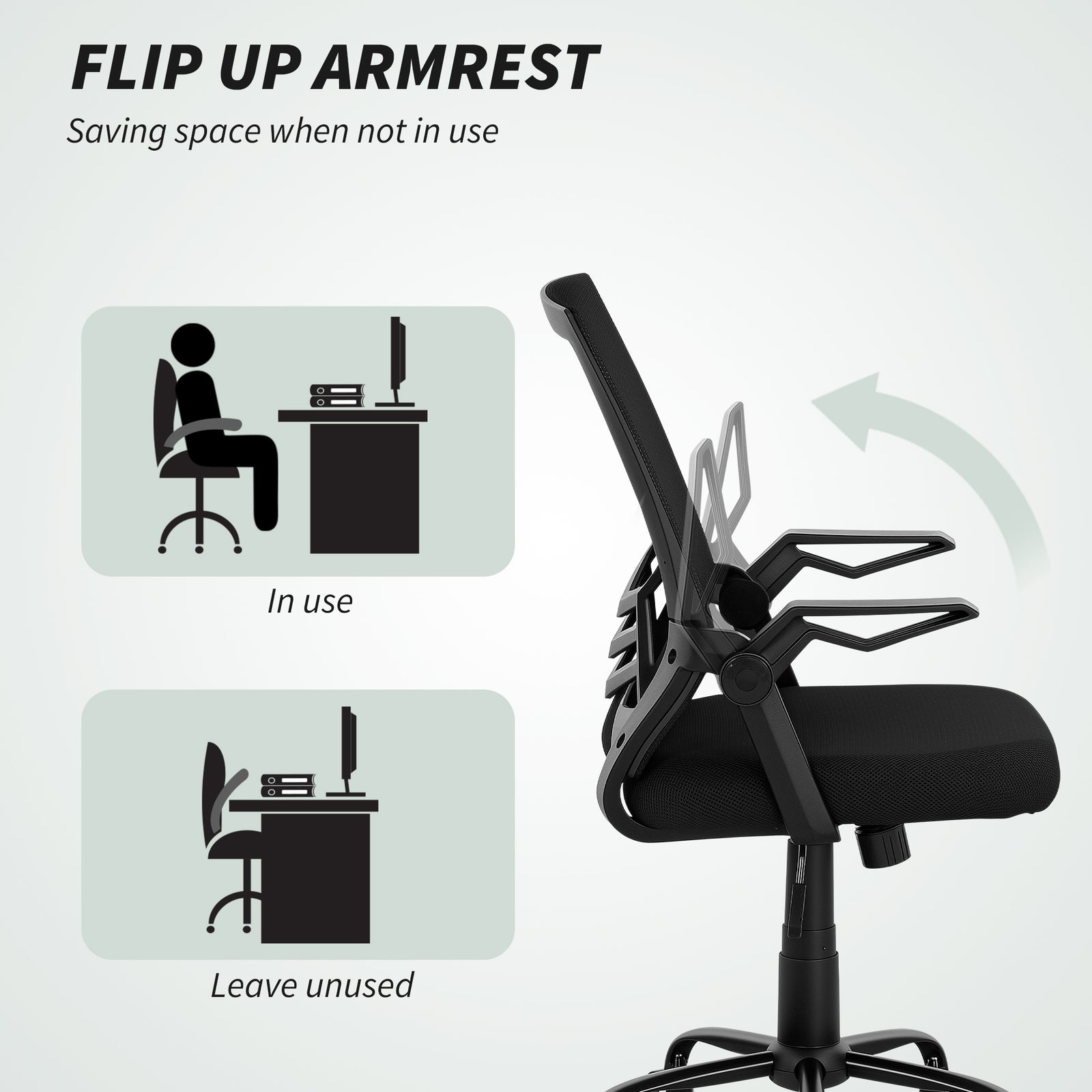 HOMCOM Modern Home Office Furniture Set, Computer Desk with Storage Shelf and Ergonomic Mesh Chair with Flip-Up Armrests, Lumbar Support, Adjustable Height, Rustic Brown and Black