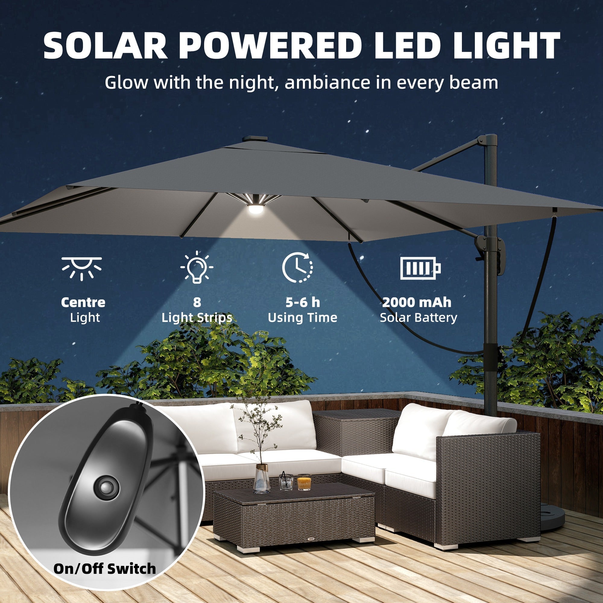 Outsunny 3 x 3 m Garden Cantilever Parasol with Light, Cover, Overhanging Umbrella w/ Wind Protection, 360 degrees Rotation, Light Grey