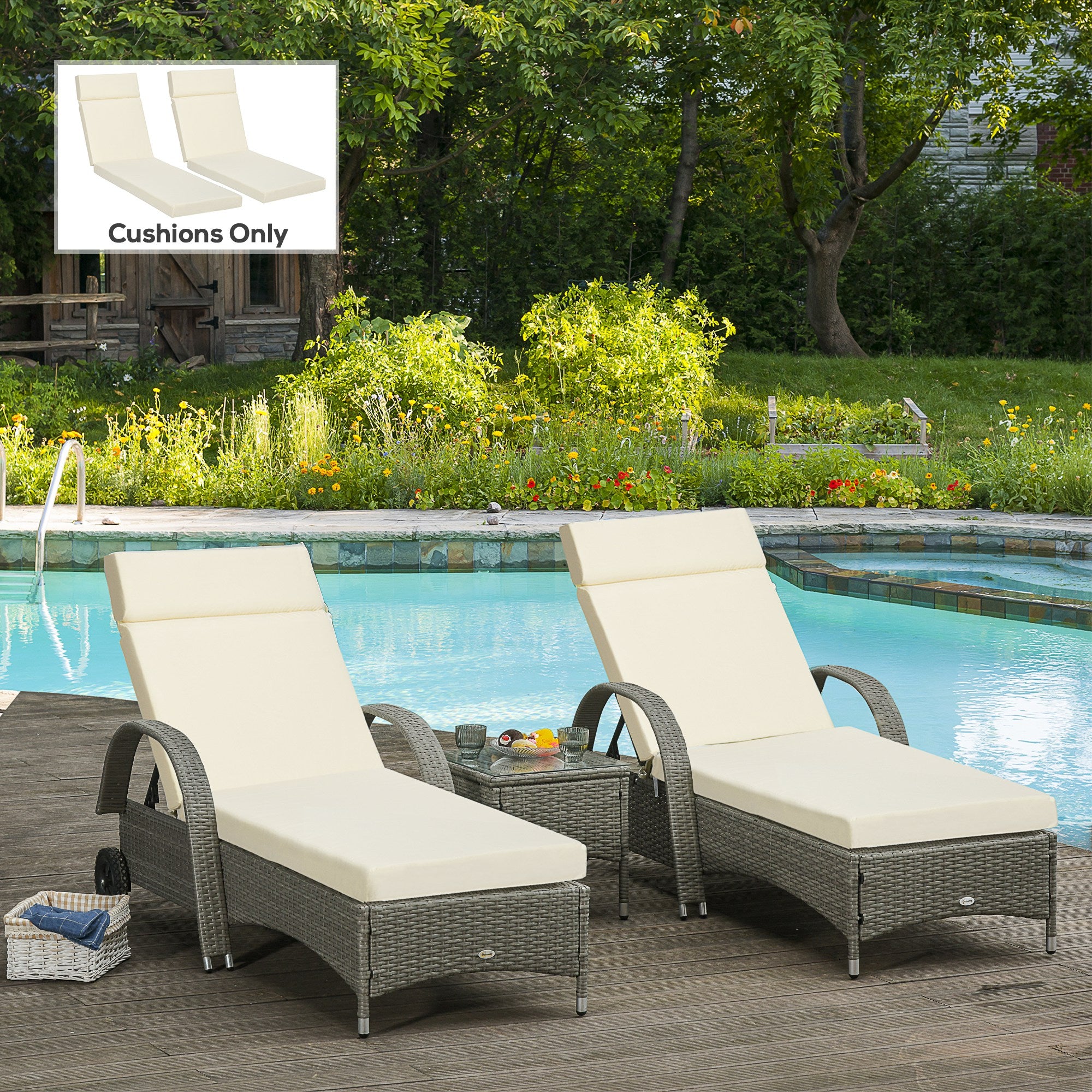 Outsunny Set of 2 Sun Lounger Cushions, Replacement Cushions for Rattan Furniture with Ties, 196 x 55 cm, Cream White