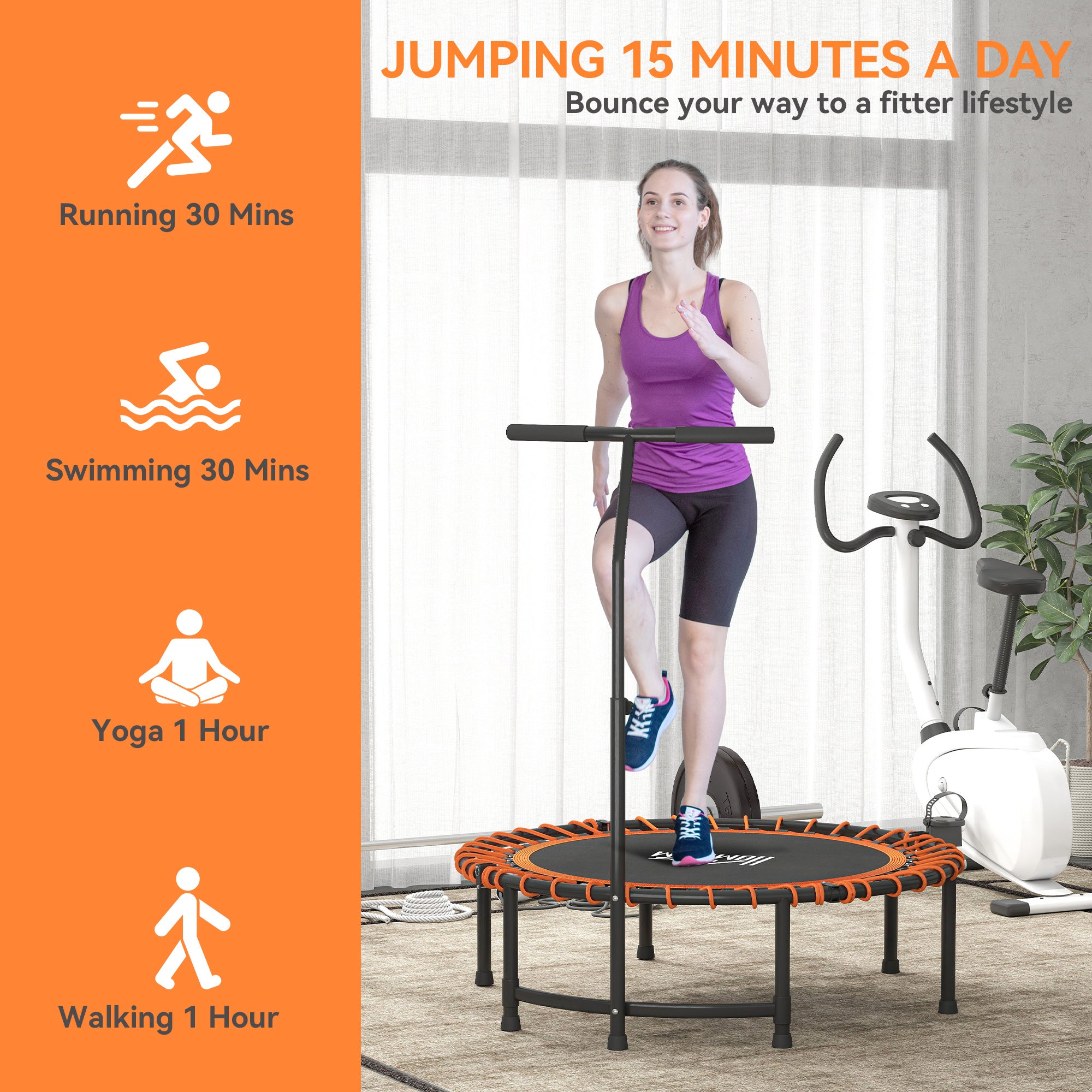 HOMCOM Mini Round Steel Frame Trampoline w/ Adjustable Handle, Orange