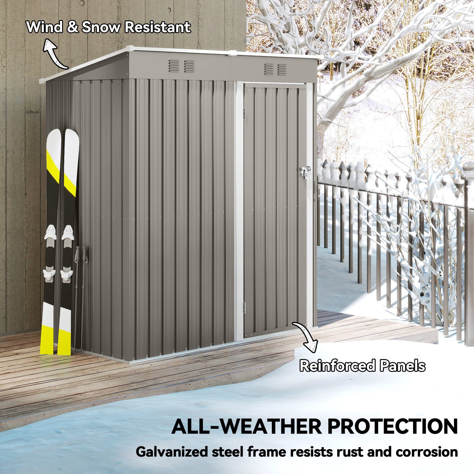 Outsunny 5 x 3 ft Lean-to Garden Shed, Outdoor Storage Shed with Lockable Door and Vents, Light Grey
