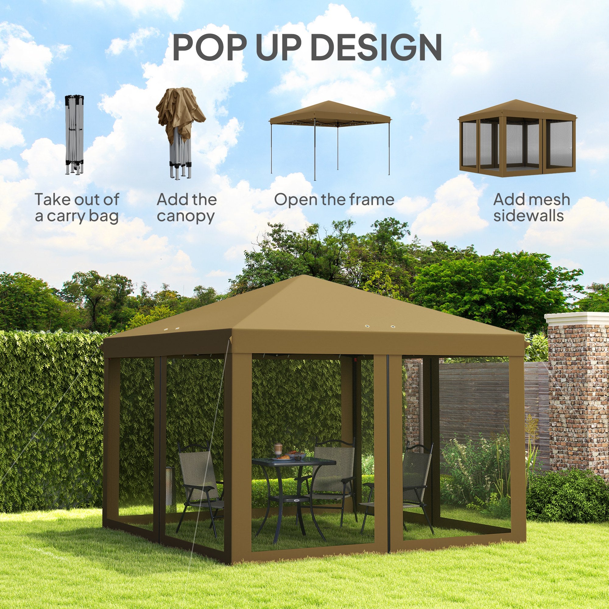Outsunny 3 x 3√Ç m Pop Up Gazebo, 420D Garden Tent Canopy with Removable Mesh Sidewall Netting, Carry Bag for Garden Patio Outdoor, Khaki